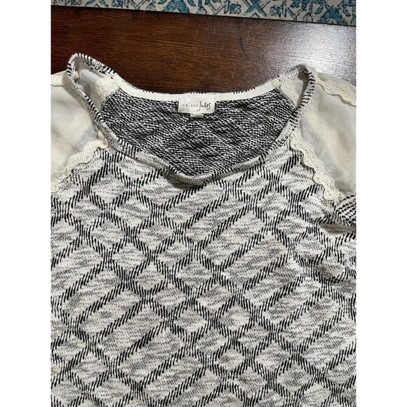 Maison Jules Sweater Boxy Cream & Black Geometric Pattern Mixing Sheer Shoulder - Picture 3 of 6